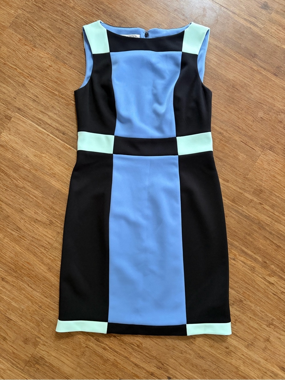 Maggy London Geometric Colour Block Pleated Sheath Dress Blue Green Black 6